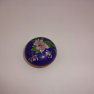 Vintage Blue Cloisonne Enamel & Brass Round Trinket Box & Lid Irises Flowers